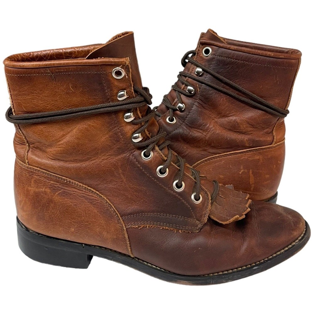 Justin Leather Lace Up Western Cowgirl Roper Boots Brown Junior 4D Women's 6 D